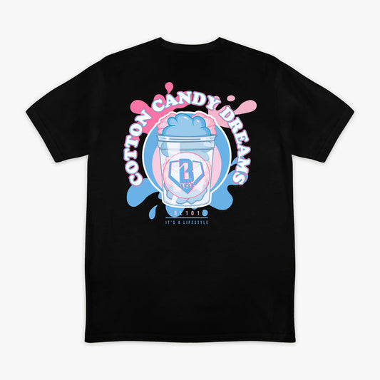 Black t-shirt with cotton candy graphic and 'Cotton Candy Dreaming' text on a white background