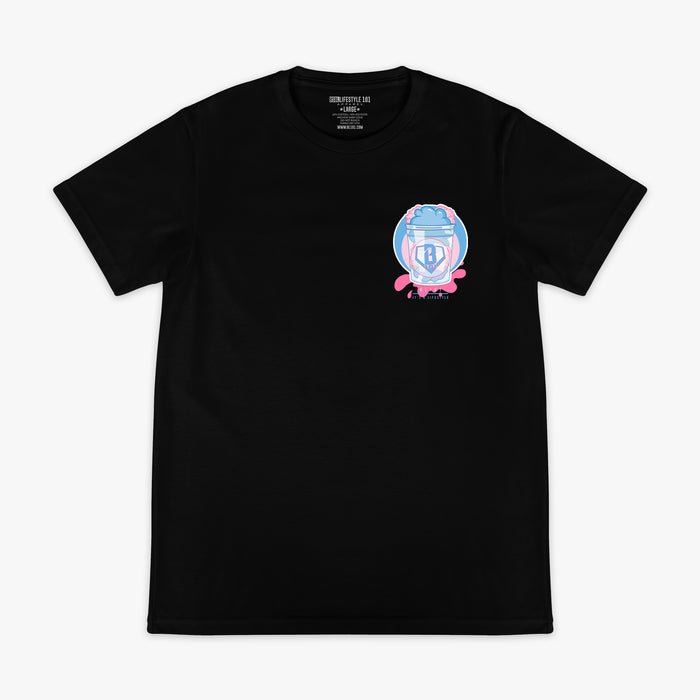 Black t-shirt with cotton candy graphic on a white background