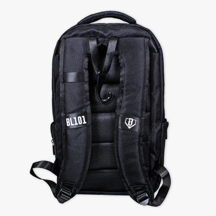 Adult model wearing black backpack with "SZN 2" design