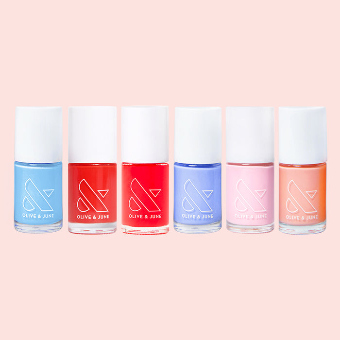 The Bold Mama Set featuring six vibrant nail polishes for creating bold and colorful at-home manicures.