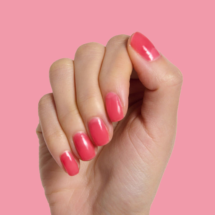 Hand with glossy pink manicure showcasing The Pink Mama Set for salon-quality at home mani results
