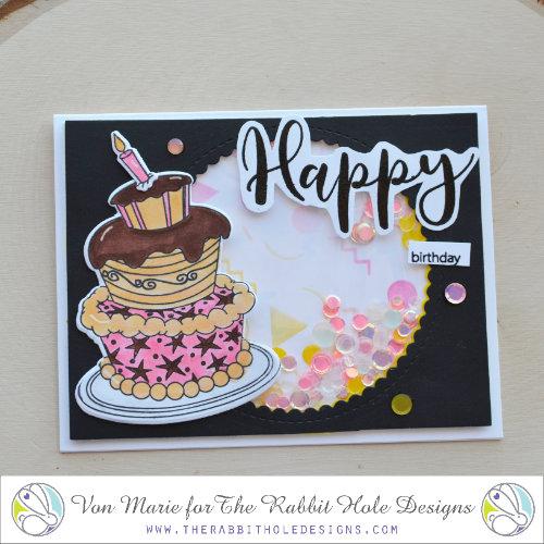 The Rabbit Hole Designs - Stamp Set - 3x4 - Just Cake. Deeply etched, clear photopolymer stamps for precise placement. Made in the USA. Available at Embellish Away located in Bowmanville Ontario Canada. Card design by Von Marie.