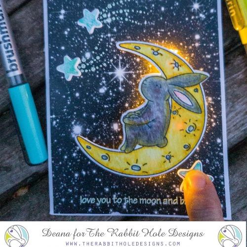 The Rabbit Hole Designs - Stamp Set - 4x6 - Bunny Moon. Deeply etched, clear photopolymer stamps for precise placement. Made in the USA. Available at Embellish Away located in Bowmanville Ontario Canada. Card design by Deana.