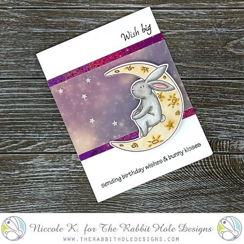 The Rabbit Hole Designs - Stamp Set - 4x6 - Bunny Moon. Deeply etched, clear photopolymer stamps for precise placement. Made in the USA. Available at Embellish Away located in Bowmanville Ontario Canada. Card design by Nicole K