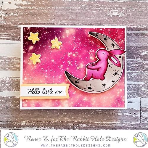 The Rabbit Hole Designs - Stamp Set - 4x6 - Bunny Moon. Deeply etched, clear photopolymer stamps for precise placement. Made in the USA. Available at Embellish Away located in Bowmanville Ontario Canada. Card design by Renee E.