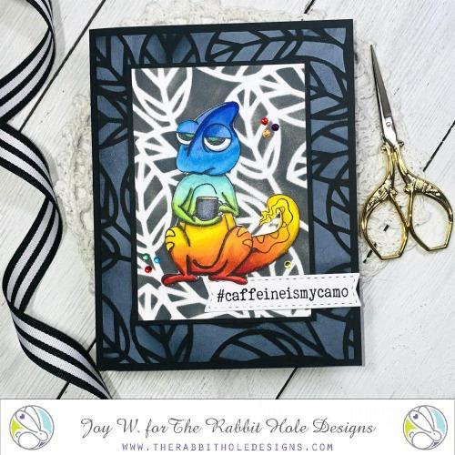 The Rabbit Hole Designs - Stamp Set - 3x4 - Chameleon. Deeply etched, clear photopolymer stamps for precise placement. Made in the USA. Available at Embellish Away located in Bowmanville Ontario Canada. Card design by Joy W.