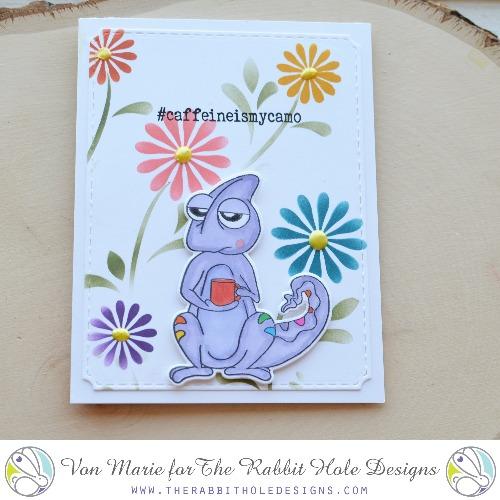 The Rabbit Hole Designs - Stamp Set - 3x4 - Chameleon. Deeply etched, clear photopolymer stamps for precise placement. Made in the USA. Available at Embellish Away located in Bowmanville Ontario Canada. Card design by Von Marie.