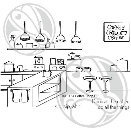 The Rabbit Hole Designs - Stamp Set 4x6 - Coffee Shop Background. Deeply etched, clear photopolymer stamps for precise placement. Featuring the artwork of Dustin Pike. Made in the USA. Available at Embellish Away located in Bowmanville Ontario Canada.