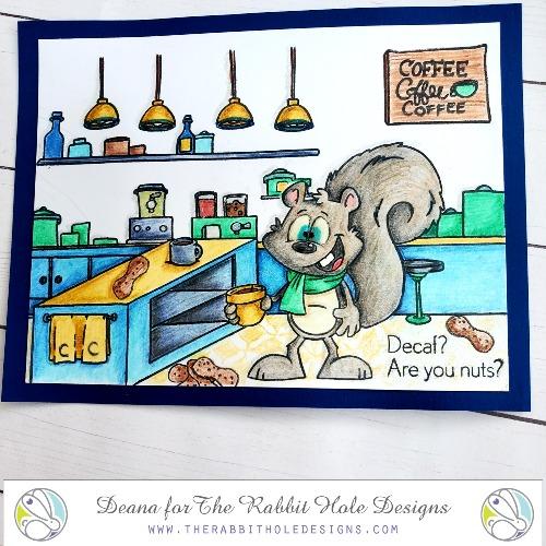 The Rabbit Hole Designs - Stamp Set 4x6 - Coffee Shop Background. Deeply etched, clear photopolymer stamps for precise placement. Featuring the artwork of Dustin Pike. Made in the USA. Available at Embellish Away located in Bowmanville Ontario Canada. Card design by Deana.