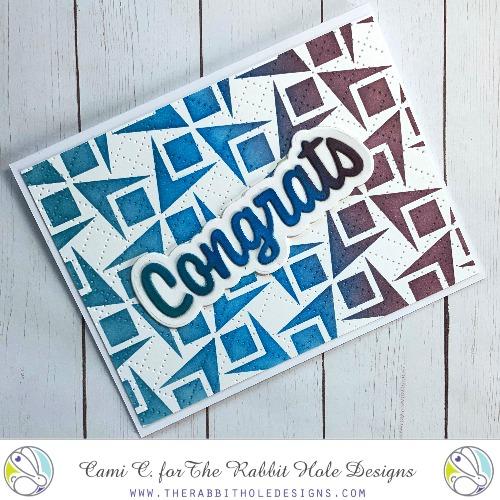 The Rabbit Hole Designs - Stamp Set - Congrats - Scripty - 3x4. Deeply etched, clear photopolymer stamps for precise placement. The word Congrats is sized so that it may be stamped onto the shadow layer from the coordinating dies (sold separately). Made in USA. Coordinates with Congrats - Scripty Word with Shadow Layer Dies. Available at Embellish Away located in Bowmanville Ontario Canada. Card design by Cami C.
