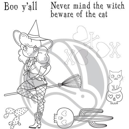 The Rabbit Hole Designs - Stamp Set - 4x4 - Country Witch. Deeply etched, clear photopolymer stamps for precise placement. Made in the USA.  Coordinates with Country Witch Dies. Available at Embellish Away located in Bowmanville Ontario Canada.