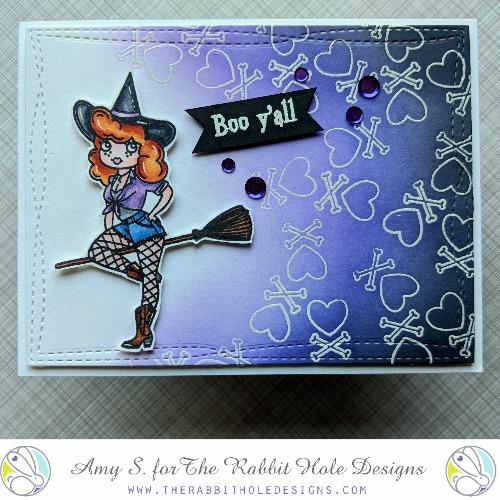 The Rabbit Hole Designs - Stamp Set - 4x4 - Country Witch. Deeply etched, clear photopolymer stamps for precise placement. Made in the USA.  Coordinates with Country Witch Dies. Available at Embellish Away located in Bowmanville Ontario Canada. Card design by Amy S.