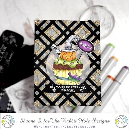 The Rabbit Hole Designs - Stamp Set - 3x4 - Halloween Cupcake. Deeply etched, clear photopolymer stamps for precise placement. Made in the USA.  Coordinates with Halloween Cupcake Die. Available at Embellish Away located in Bowmanville Ontario Canada. Card design by Shanna S.