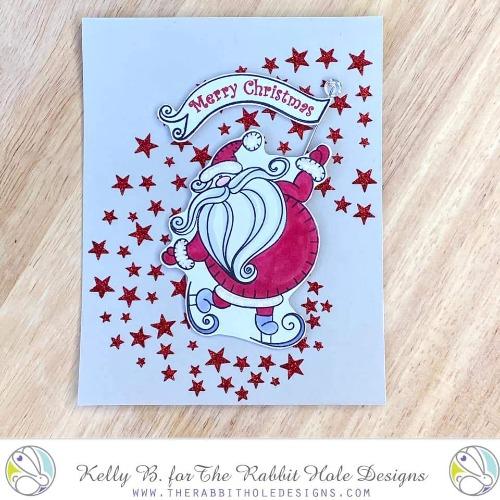 The Rabbit Hole Designs - Stamp Set - 4x4 - Kringle. Deeply etched, clear photopolymer stamps for precise placement. Made in the USA.  Coordinates with Kringle Dies. Available at Embellish Away located in Bowmanville Ontario Canada. Card design by Kelly B.