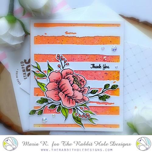 The Rabbit Hole Designs - Stamp Set - Pretty in Peony - 4x6. Deeply etched, clear photopolymer stamps for precise placement. Made in the USA. Available at Embellish Away located in Bowmanville Ontario Canada. Card design by Maria R.