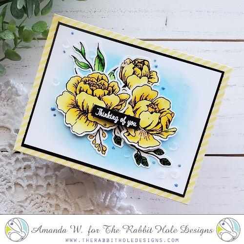 The Rabbit Hole Designs - Stamp Set - Pretty in Peony - 4x6. Deeply etched, clear photopolymer stamps for precise placement. Made in the USA. Available at Embellish Away located in Bowmanville Ontario Canada. Card design by Amanda W.