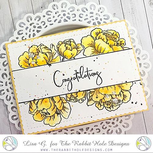 The Rabbit Hole Designs - Stamp Set - Pretty in Peony - 4x6. Deeply etched, clear photopolymer stamps for precise placement. Made in the USA. Available at Embellish Away located in Bowmanville Ontario Canada. Card design by Lisa G.