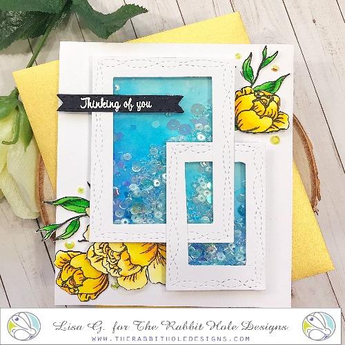 The Rabbit Hole Designs - Stamp Set - Pretty in Peony - 4x6. Deeply etched, clear photopolymer stamps for precise placement. Made in the USA. Available at Embellish Away located in Bowmanville Ontario Canada. Card design by Lisa G.