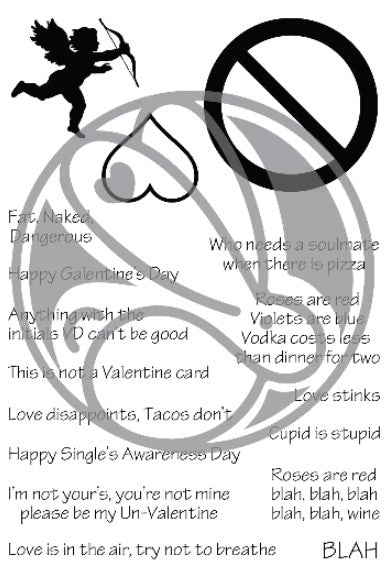 The Rabbit Hole Designs - Stamp Set - Sassy Sentiments - Anti Valentine - 4x6. Deeply etched, clear photopolymer stamps for precise placement. Sentiments are .125 inches in height and vary in length. Made in the USA.  Available at Embellish Away located in Bowmanville Ontario Canada.