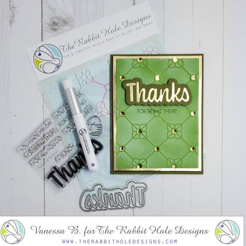 The Rabbit Hole Designs - Stamp Set - Thanks - Scripty - 3x4. Deeply etched, clear photopolymer stamps for precise placement. The word Congrats is sized so that it may be stamped onto the shadow layer from the coordinating dies (sold separately). Made in USA.  Coordinates with Thanks - Scripty Word with Shadow Layer Dies. Available at Embellish Away located in Bowmanville Ontario Canada. Card by Vanessa B.