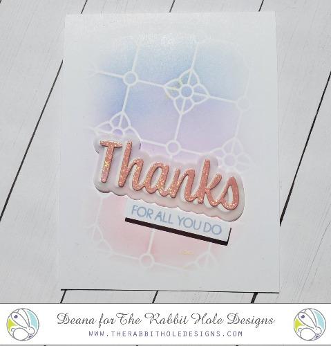 The Rabbit Hole Designs - Stamp Set - Thanks - Scripty - 3x4. Deeply etched, clear photopolymer stamps for precise placement. The word Congrats is sized so that it may be stamped onto the shadow layer from the coordinating dies (sold separately). Made in USA.  Coordinates with Thanks - Scripty Word with Shadow Layer Dies. Available at Embellish Away located in Bowmanville Ontario Canada. Card by Deana.