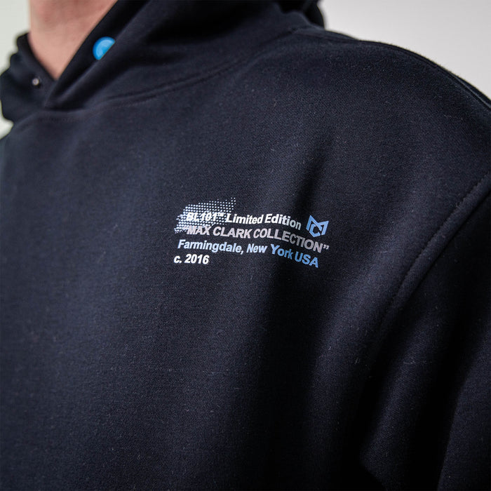 Adult model wearing black Time 2 Shine Icons hoodie