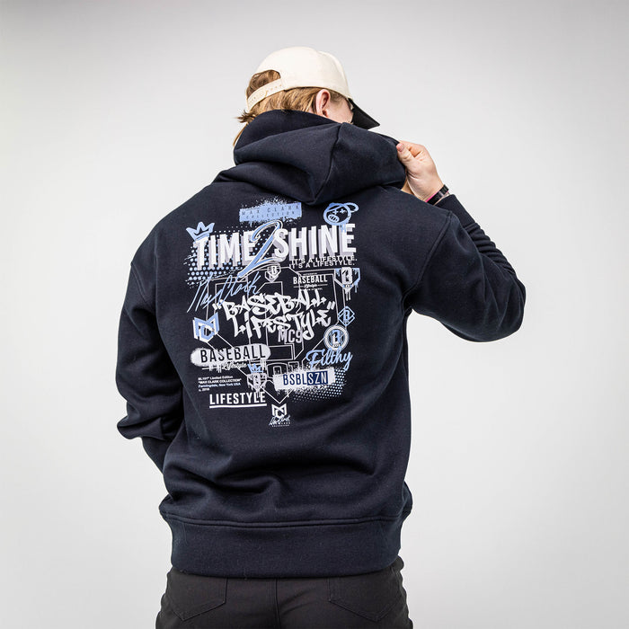 Adult model wearing black Time 2 Shine Icons hoodie
