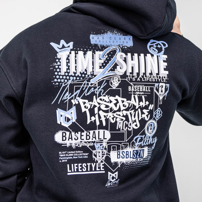 Adult model wearing black Time 2 Shine Icons hoodie