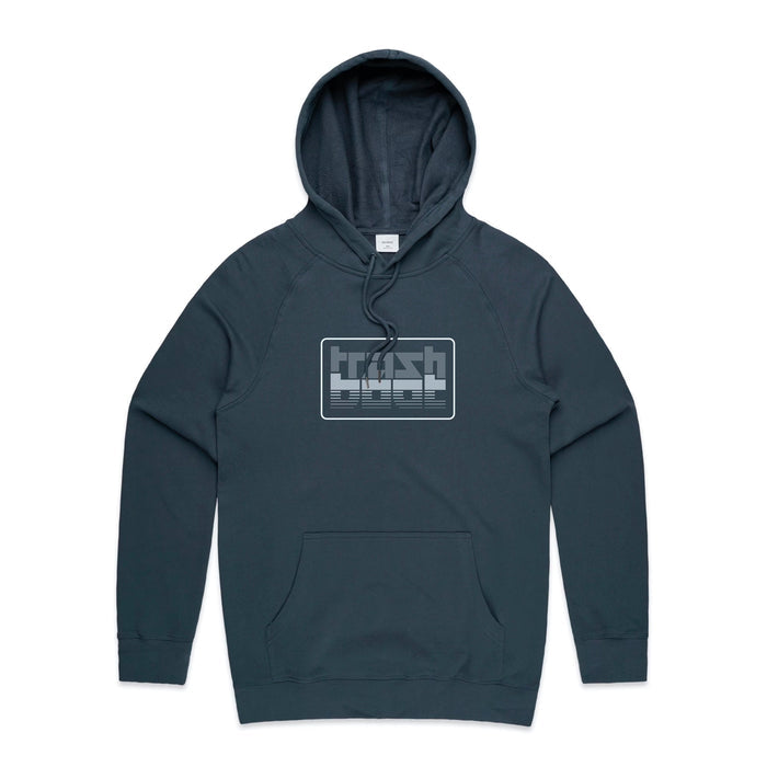 A dark gray 100% cotton Trash Boat pullover hoodie with a front pocket and a chest graphic displaying the word "trash" in a bold, blocky font above horizontal lines.