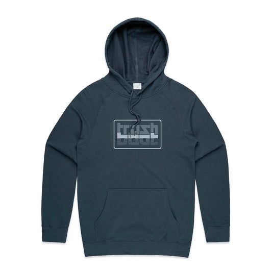 A dark gray 100% cotton Trash Boat pullover hoodie with a front pocket and a chest graphic displaying the word "trash" in a bold, blocky font above horizontal lines.
