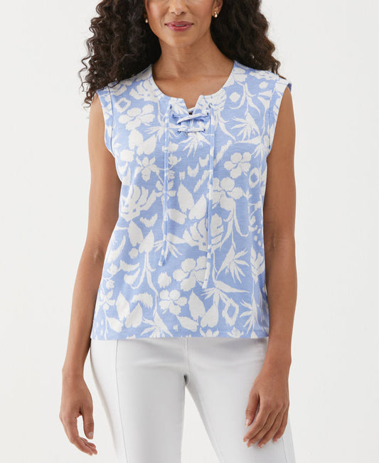 Tropical Print Lace-Up Tank Top (Hydrangea)