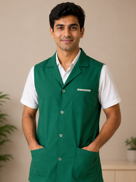 TSM GREEN SLEEVELESS HOUSEKEEPING COAT FOR MEN
