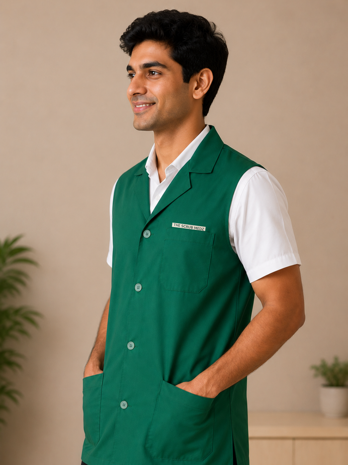 TSM GREEN SLEEVELESS HOUSEKEEPING COAT FOR MEN