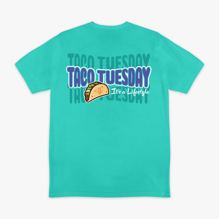 Teal t-shirt with a taco graphic and 'Taco Tuesday It's a lifestyle' text