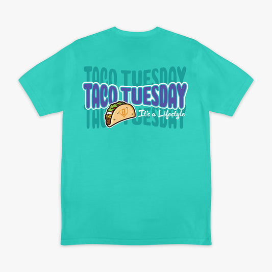 Teal t-shirt with a taco graphic and 'Taco Tuesday It's a lifestyle' text