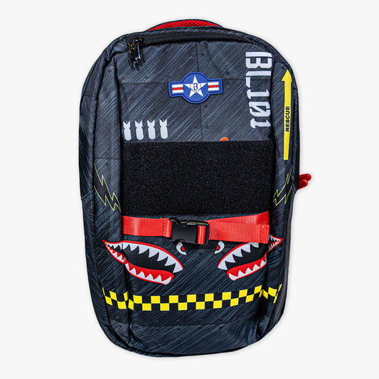 Adult model wearing multi-color backpack with "Unit 101 SZN 2" design