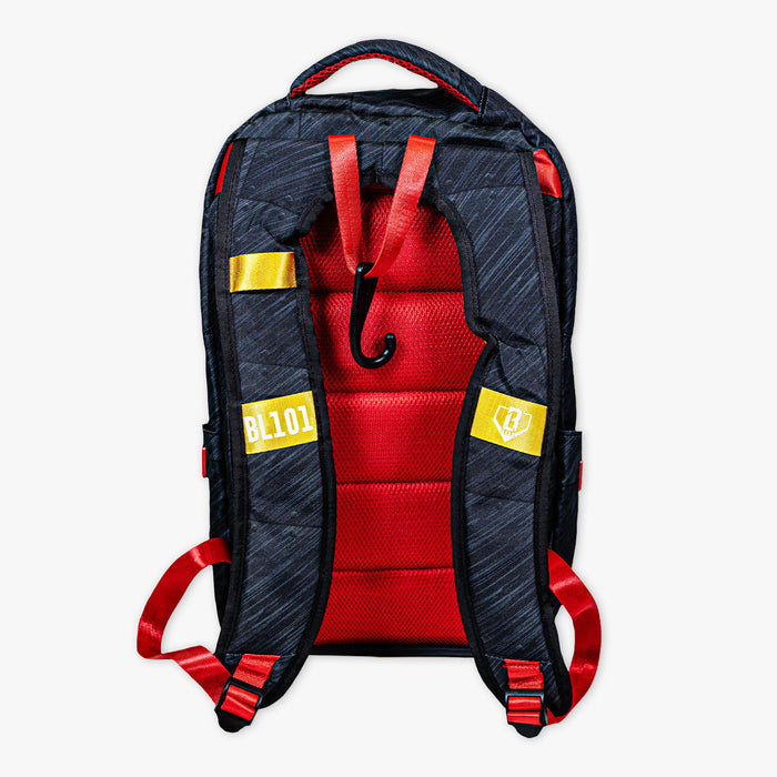 Adult model wearing multi-color backpack with "Unit 101 SZN 2" design