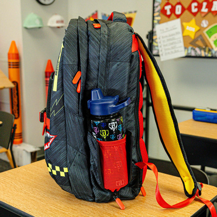 Adult model wearing multi-color backpack with "Unit 101 SZN 2" design