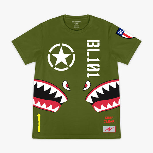 Army green graphic T-Shirt with shark mouth print, military star emblem, BL101 armor logo on sleeve and bold while BL101 lettering