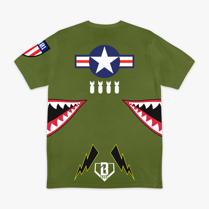 Army green graphic T-Shirt with shark mouth print, military star emblem, BL101 armor logo on sleeve and white BL101 logo on bottom