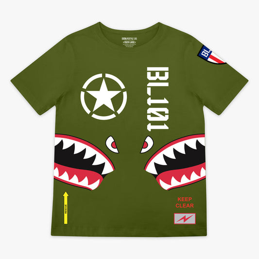 Youth Army green graphic T-Shirt with shark mouth print, military star emblem, BL101 armor logo on sleeve and bold while BL101 lettering