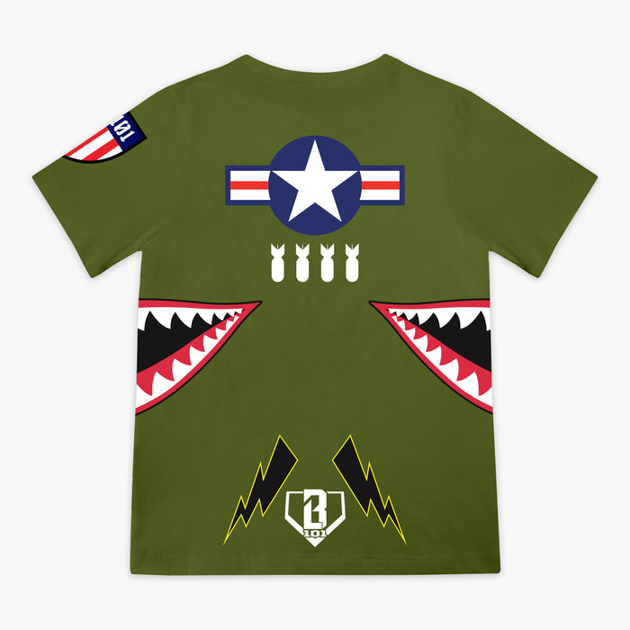 Youth Army green graphic T-Shirt with shark mouth print, military star emblem, BL101 armor logo on sleeve and white BL101 logo on bottom
