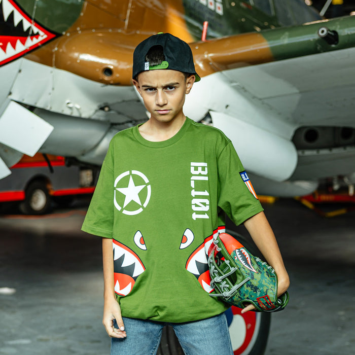 Youth Army green graphic T-Shirt with shark mouth print, military star emblem, BL101 armor logo on sleeve and bold while BL101 lettering on person