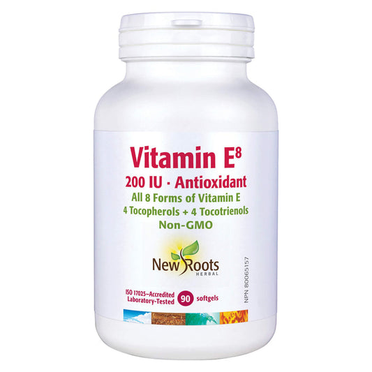 Bottle of New Roots Vitamin E8 200IU 90 Softgels