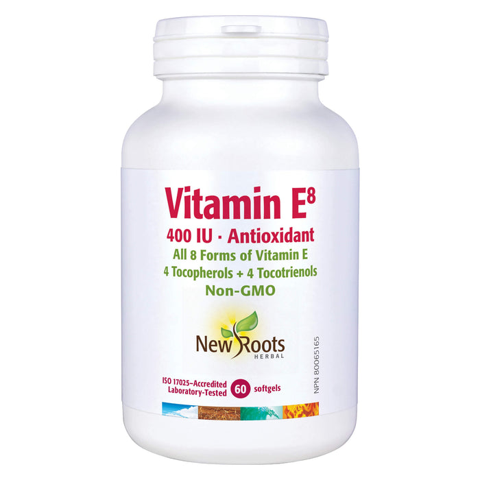 Bottle of New Roots Vitamin E8 400 IU 60 Softgels