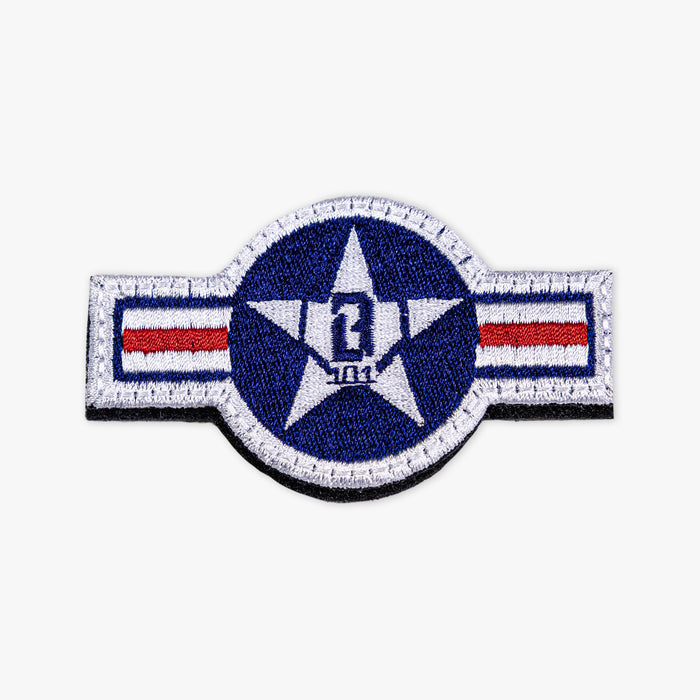 Adult model wearing red, white & blue patch with "Warhawk Patch" design