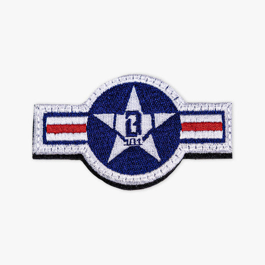 Adult model wearing red, white & blue patch with "Warhawk Patch" design
