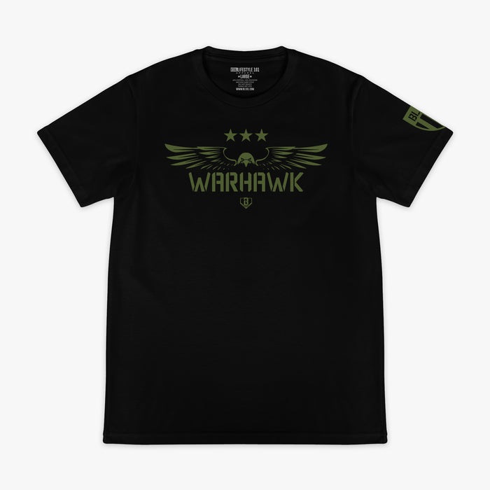 Black t-shirt featuring an army green eagle graphic with green “WARHAWK” lettering and a green Armor BL101 logo on sleeve