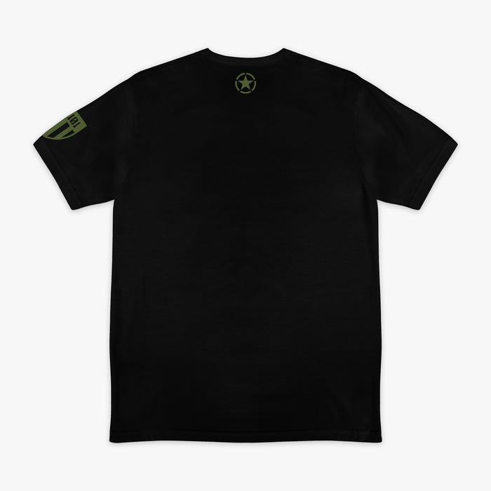 Black t-shirt featuring an army green star graphic and a green Armor BL101 logo on sleeve