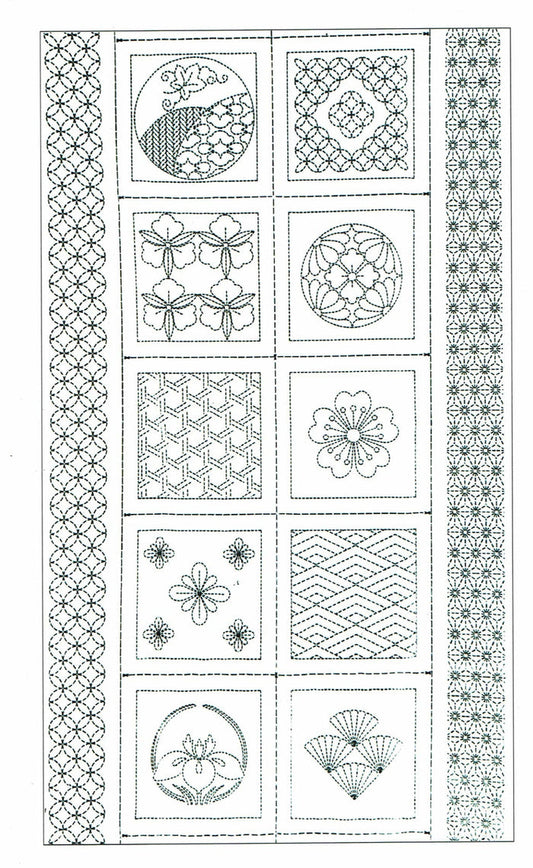 Washout Sashiko Panels - Garden Blocks Navy